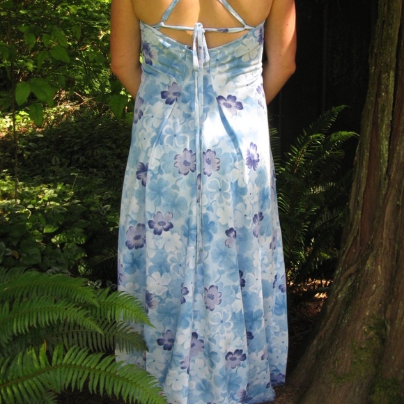Vtg 70s Halter Maxi Dress, Long, Blue Strappy Summer Dress, Garden Party, Travel - Picture 2 of 5